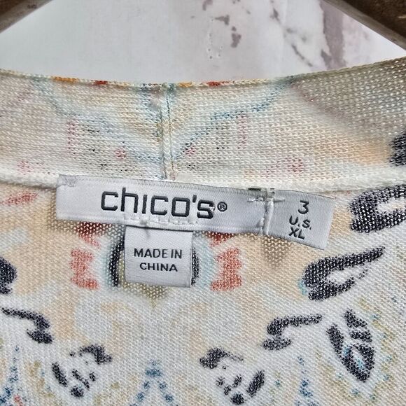 Chicos Cardigan Womens 3 XL White Blue Sweater Lightweight Ruched Sleeve Artsy - Picture 3 of 12